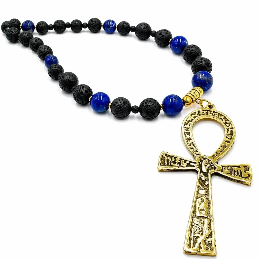 Handmade Lapis Lazuli and Lava Stone Ankh Necklace, Egyptian Jewelry